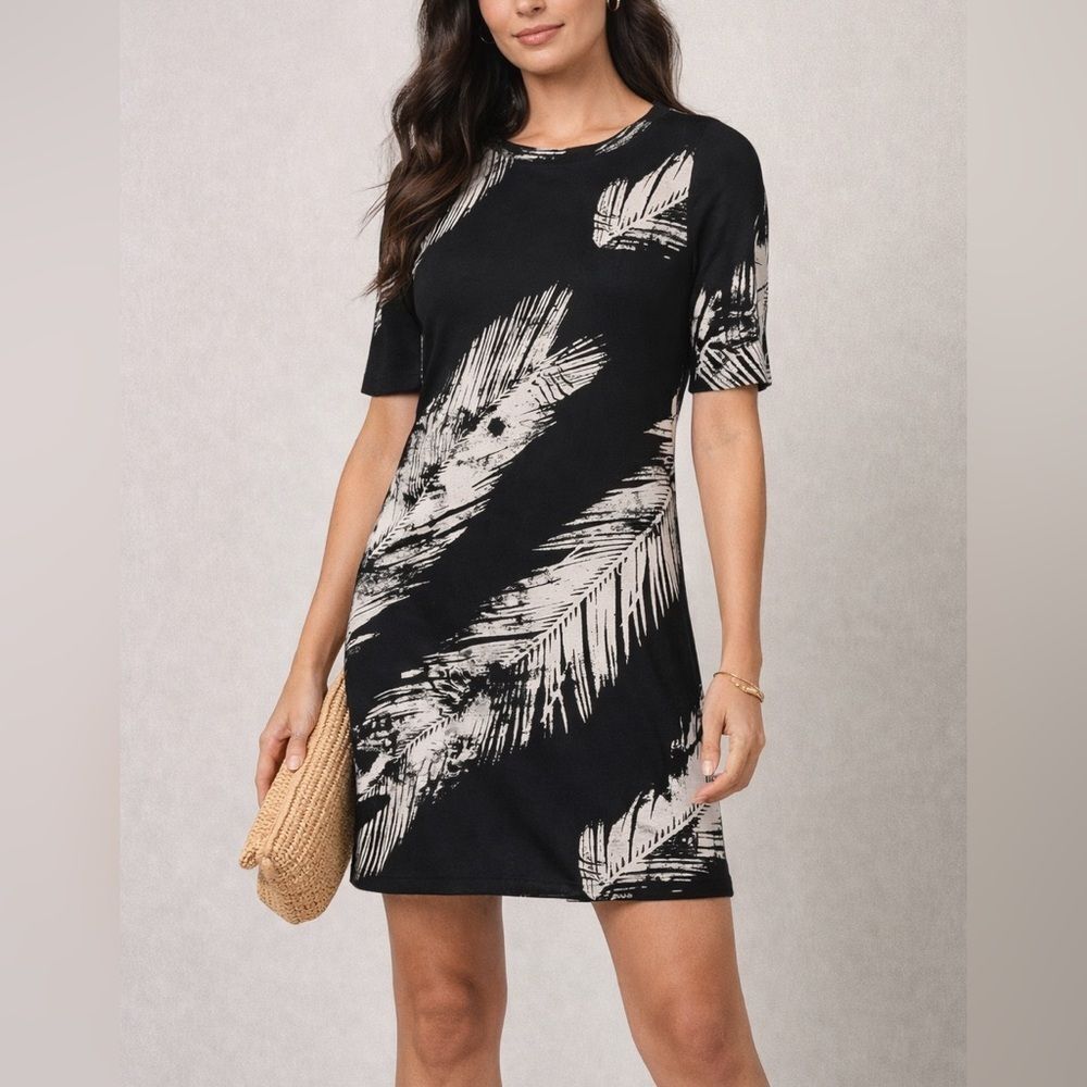 Sno Skins Black White Palm Print Short Dress Stretch Knit USA Size S